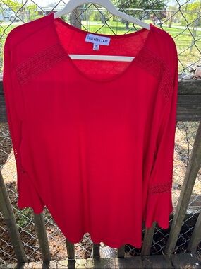 Southern Lady Bright Red Long-Sleeve Scoop Neck Top with Lace Insets
